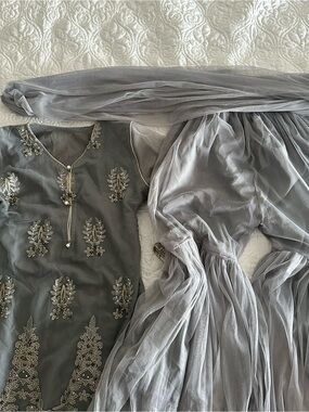 Pakistani Indian Desi Embroidered Grey Sharara/Gharara Set with Dupatta